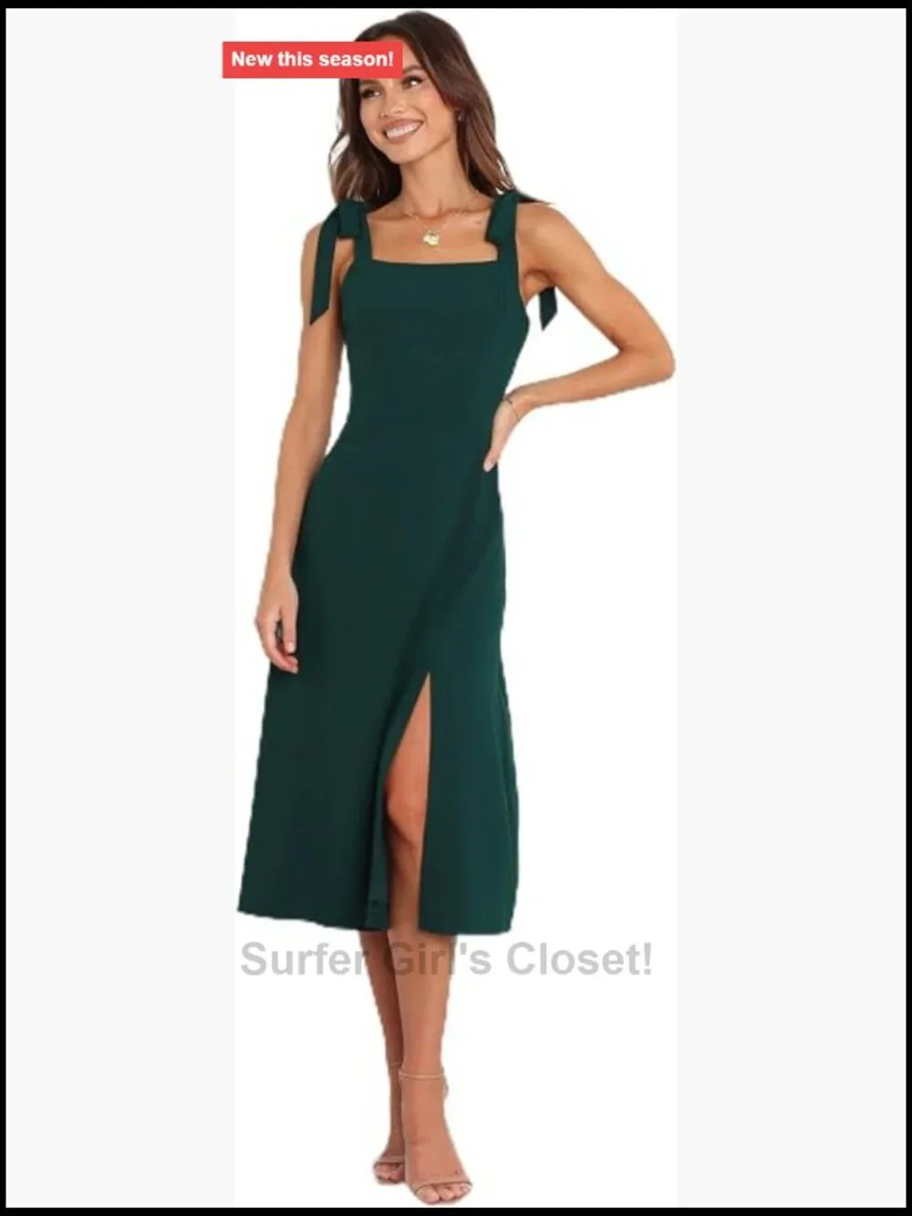 Emerald Midi A-Line Dress Square Neck Tie Back Sleeveless Zipper
